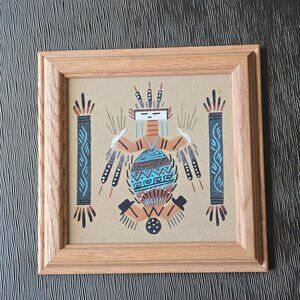 Navajo Sand Painting Art Handmade Signed 7.5" Square Wooden Frame